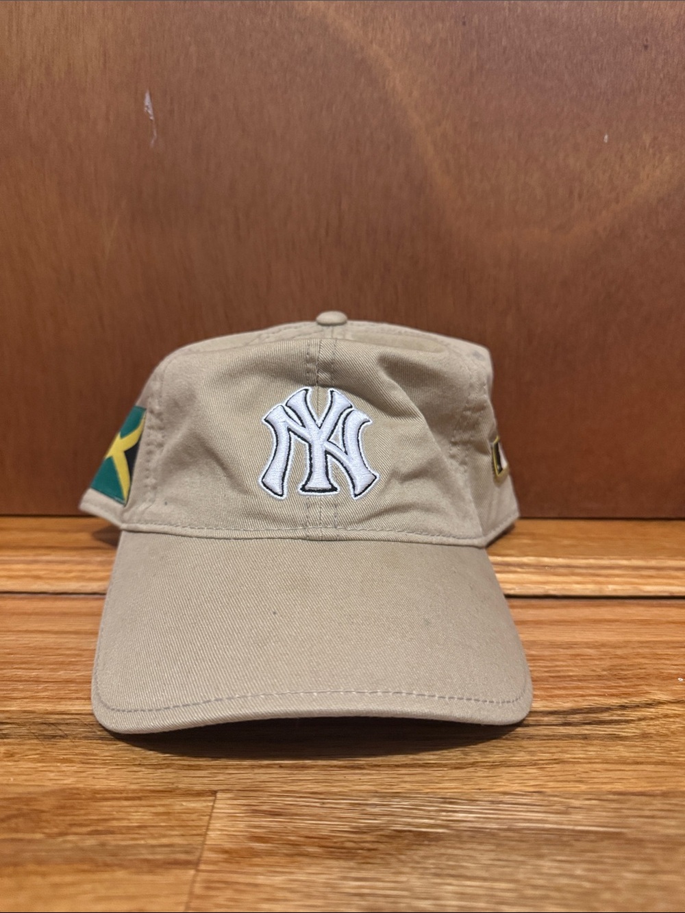 Beige New York Yankee Dad Hat with Embroidered Logo and Jamaican flag